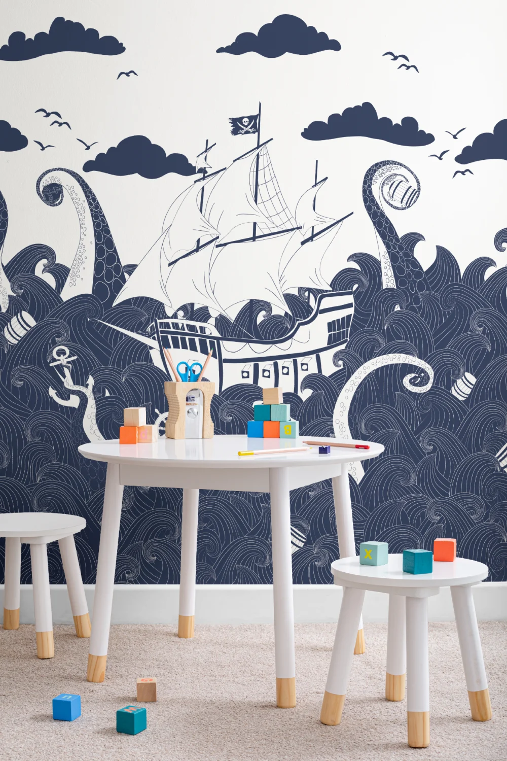 Papier Peint Panoramique Bateau Pirate en Bleu Marine et Blanc