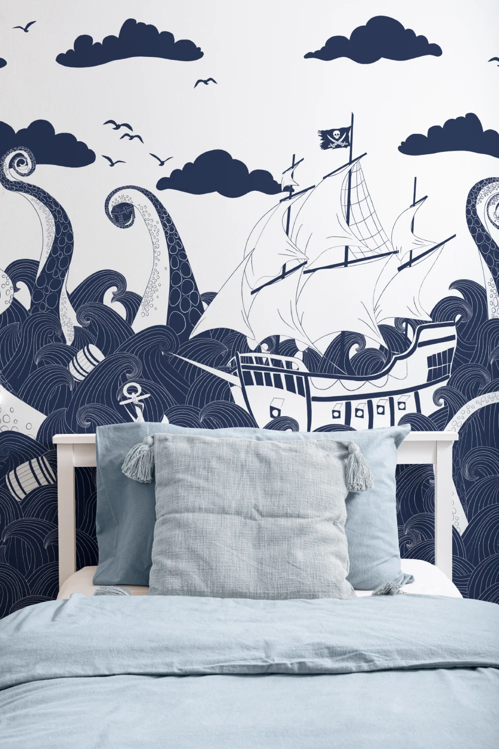 Papier Peint Panoramique Bateau Pirate en Bleu Marine et Blanc