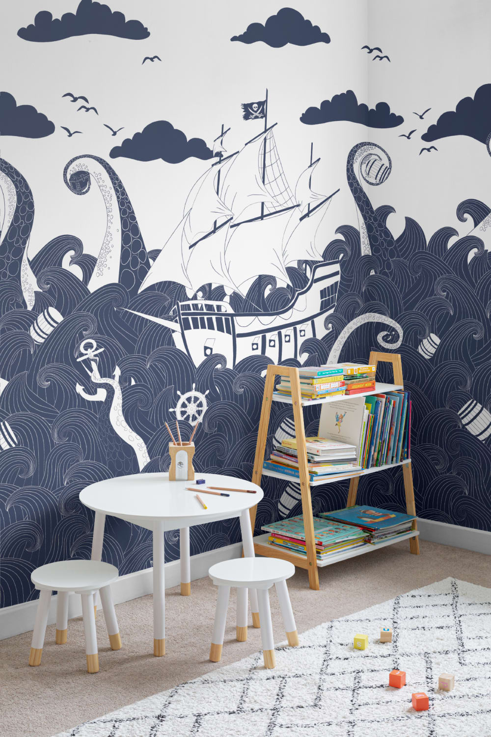 Papier Peint Panoramique Bateau Pirate en Bleu Marine et Blanc
