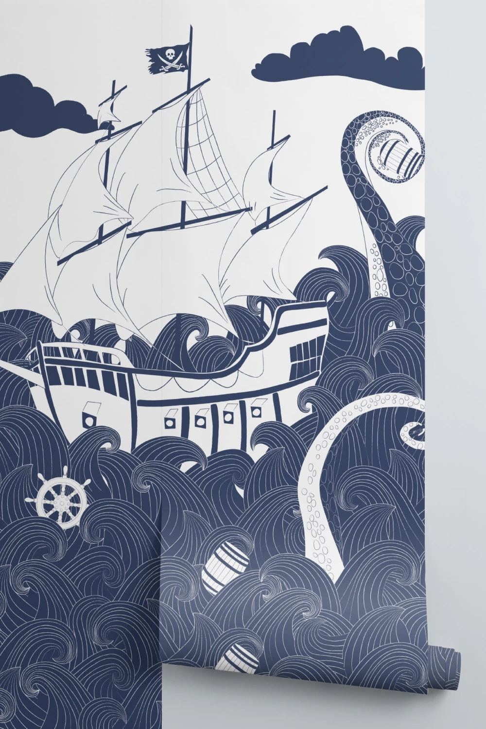 Papier Peint Panoramique Bateau Pirate en Bleu Marine et Blanc