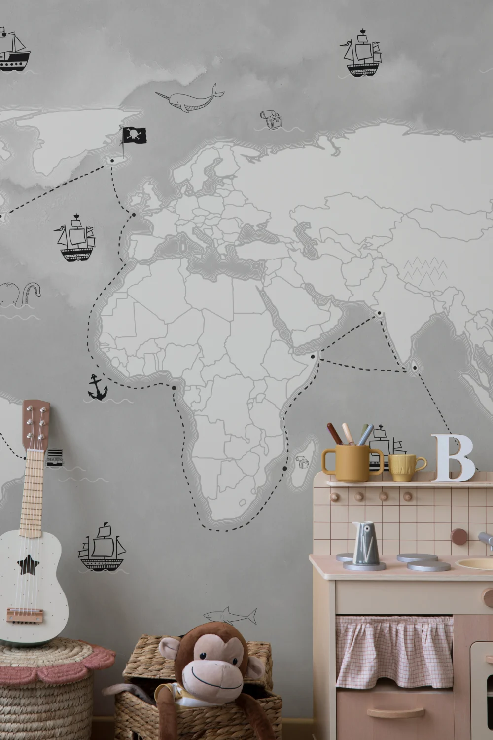 Gray Kids Pirate Treasure Map Wallpaper Mural