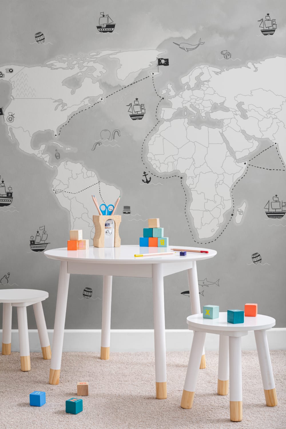 Gray Kids Pirate Treasure Map Wallpaper Mural