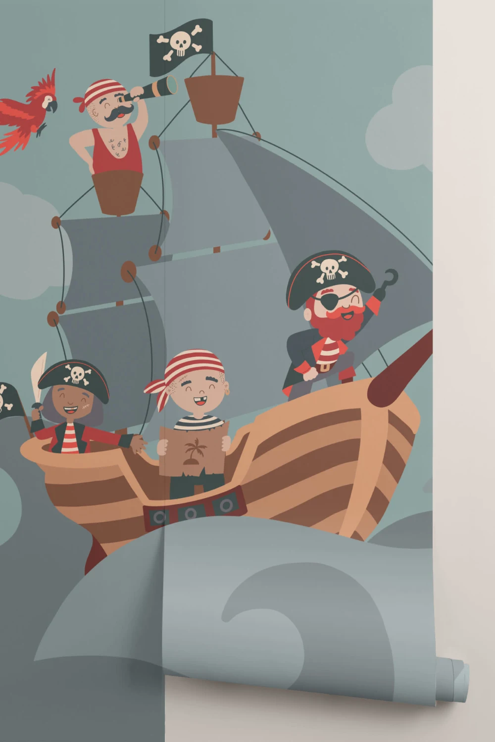 Children’s Illustrated Cartoon Pirate Ship Wallpaper Mural