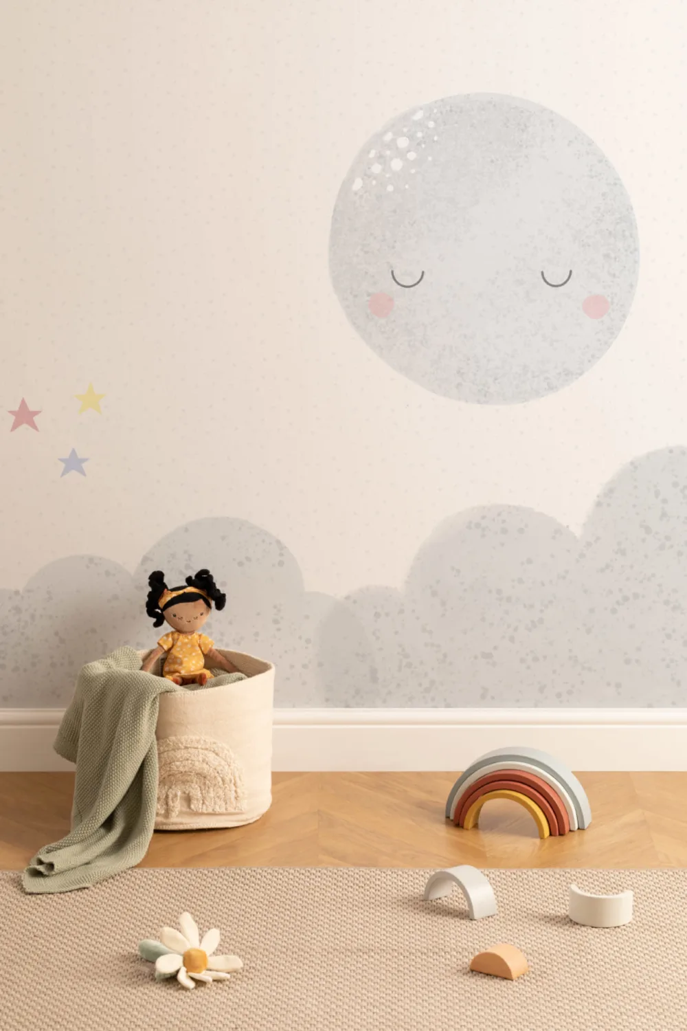 Carta da Parati Chiara per Bambini a Cielo con Luna e Nuvole