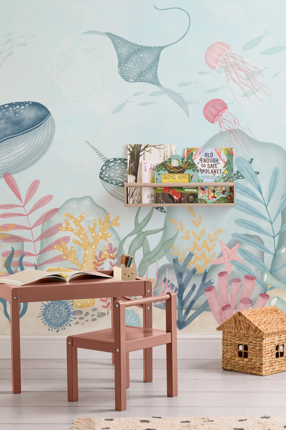 Kids Underwater Ocean Scene Watercolor Wallpaper Mural