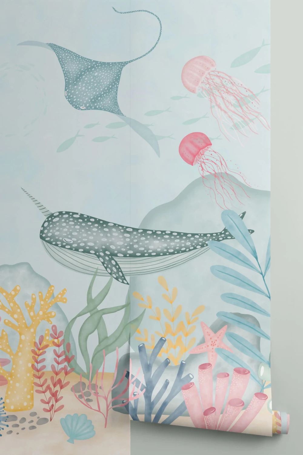Kids Underwater Ocean Scene Watercolor Wallpaper Mural