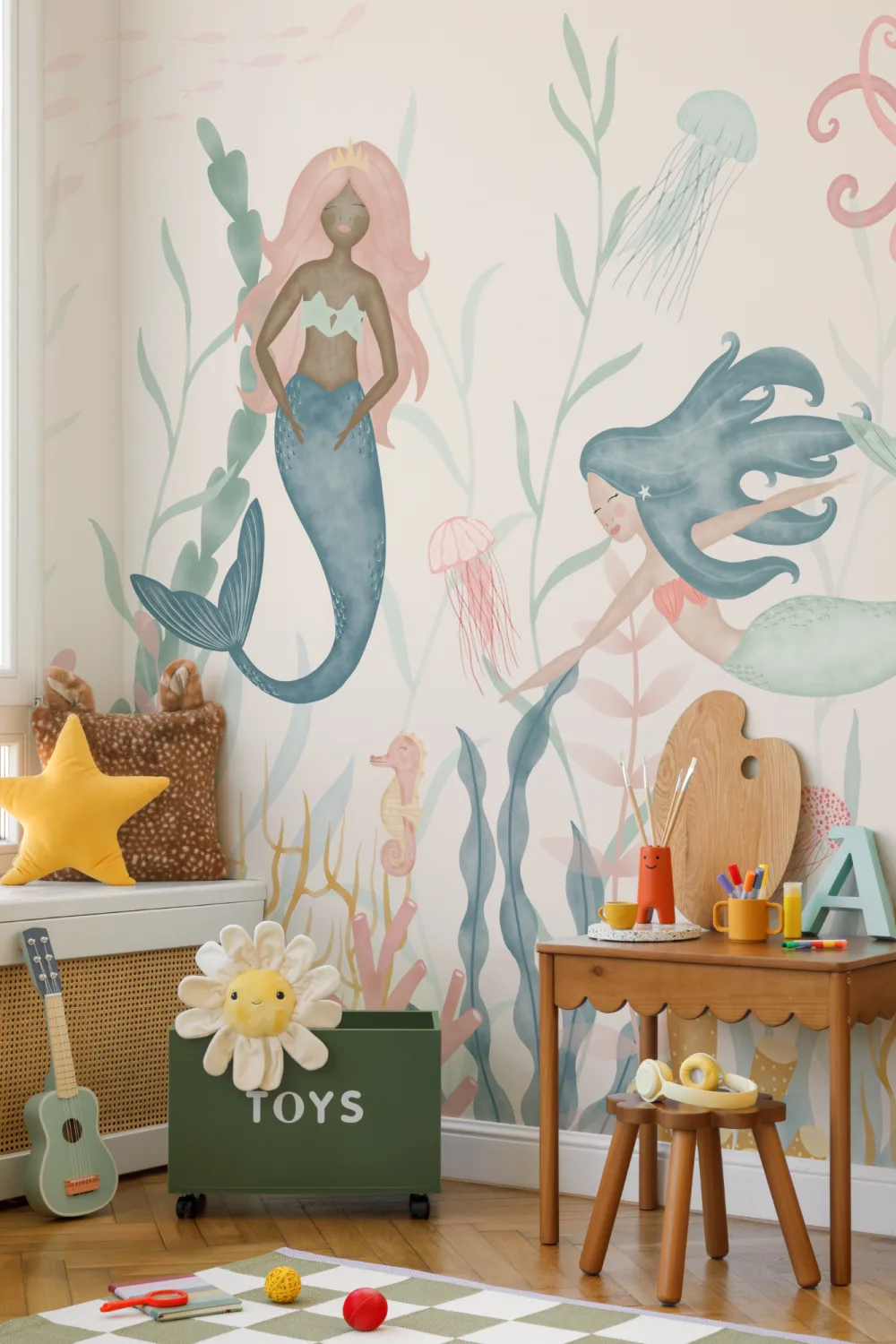 Onderwater Moderne Zeemeerminnen Pastel Waterverf Behang Muurschildering