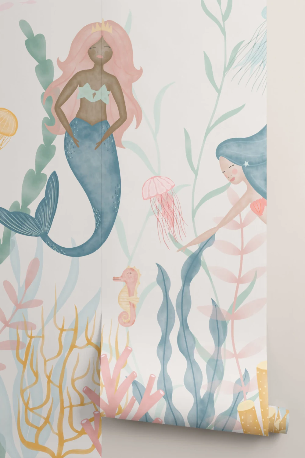 Onderwater Moderne Zeemeerminnen Pastel Waterverf Behang Muurschildering