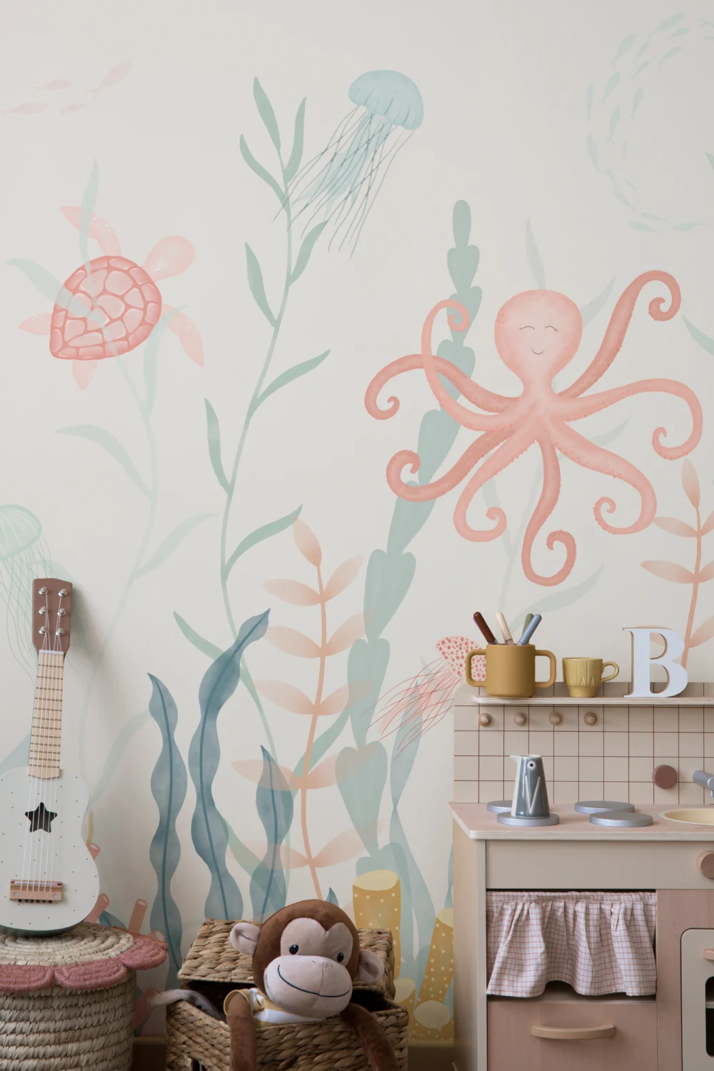 Painted Underwater Sea Life Scene Pastel Watercolor Wallpaper Mural