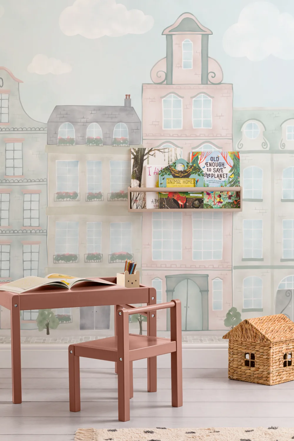 Aquarell Fototapete mit Stadt-Häuserreihe für Kinder in Pastell