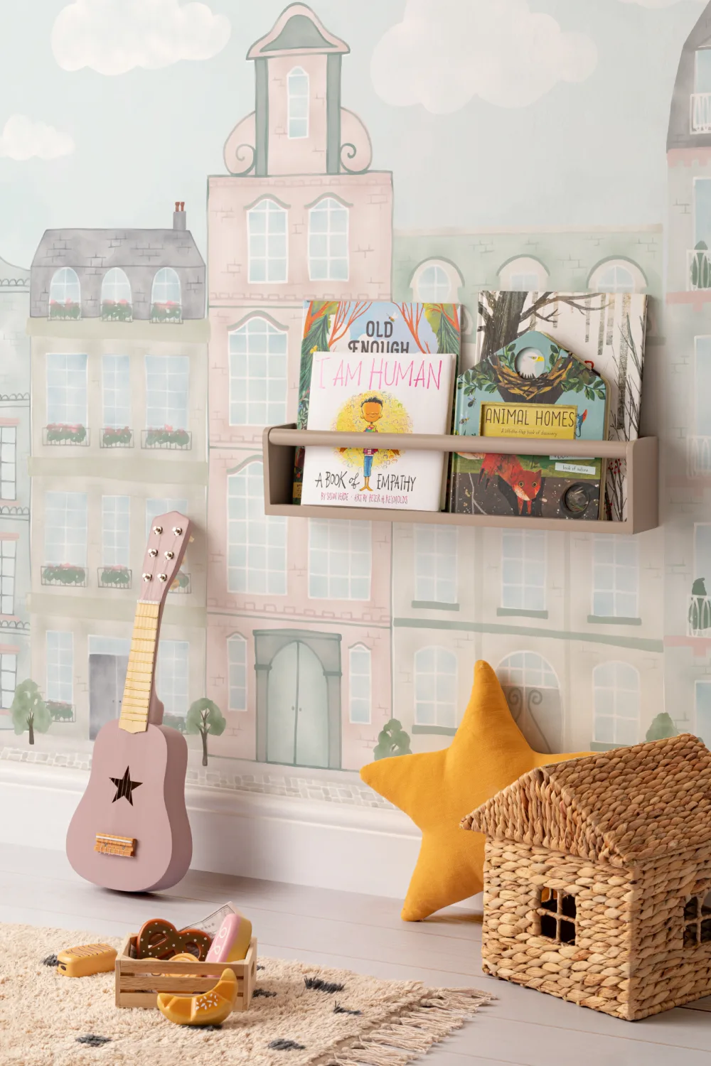 Aquarell Fototapete mit Stadt-Häuserreihe für Kinder in Pastell