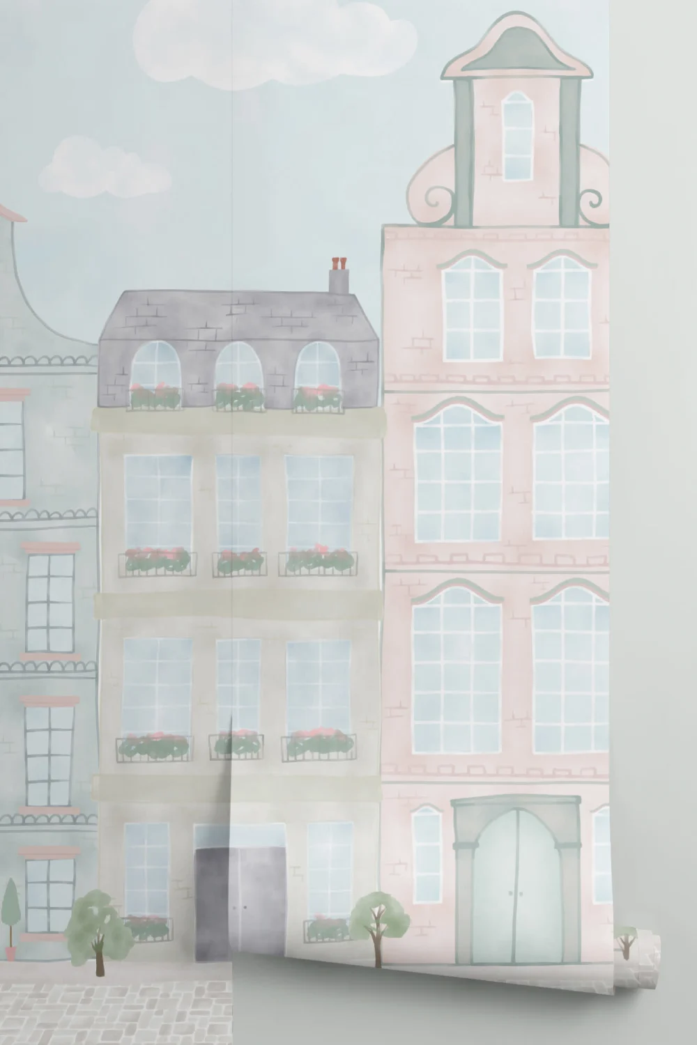 Aquarell Fototapete mit Stadt-Häuserreihe für Kinder in Pastell