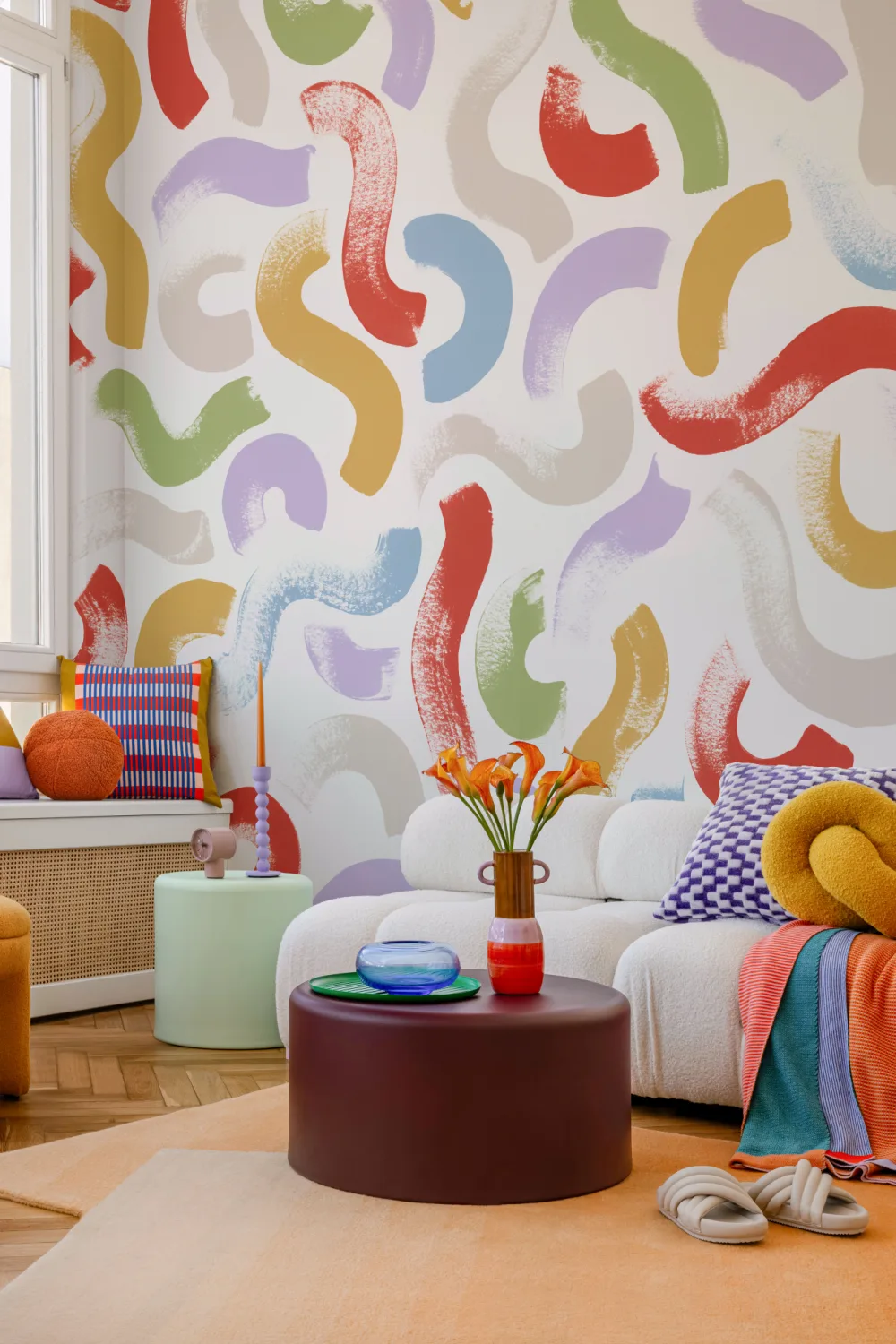 Hand-Painted Wiggle Shapes Wall Mural in Multi-Colored Tones