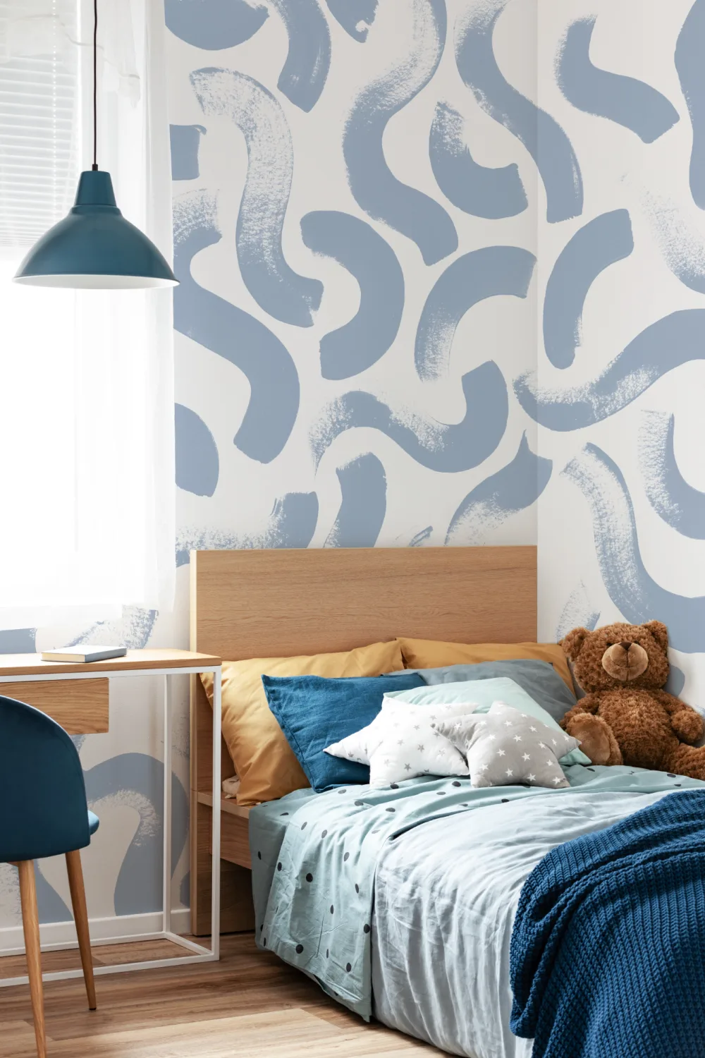 Hand-Painted Wiggle Pattern Wall Mural in Cool Blue