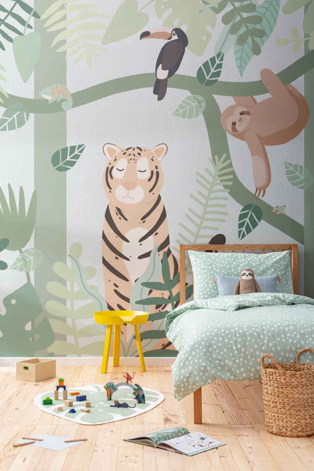 Papier peint panoramique des amis des animaux de la jungle verte pour enfants