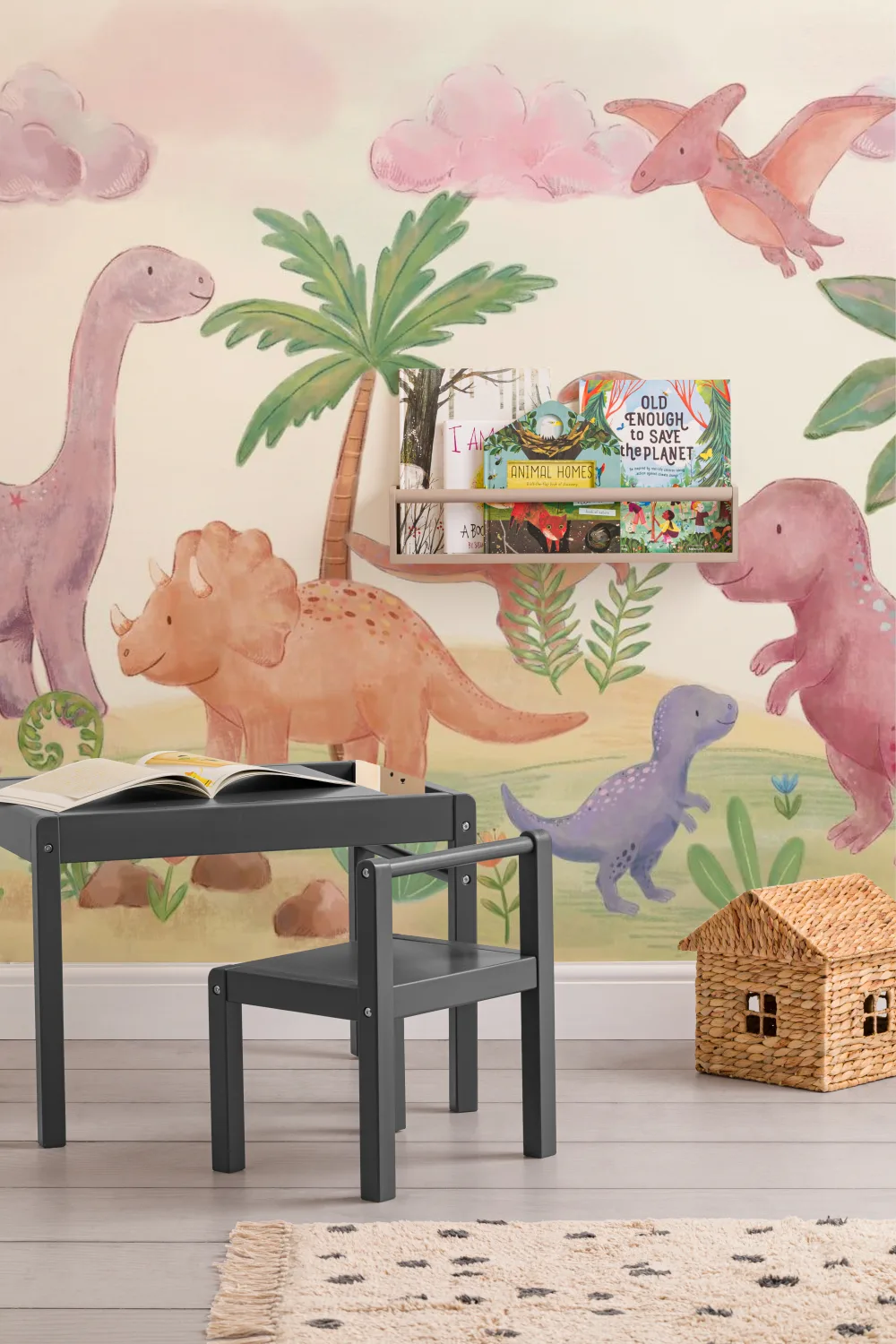Pastelkleurige dinosaurusmuurschildering voor kinderen voor een vrolijk avontuur