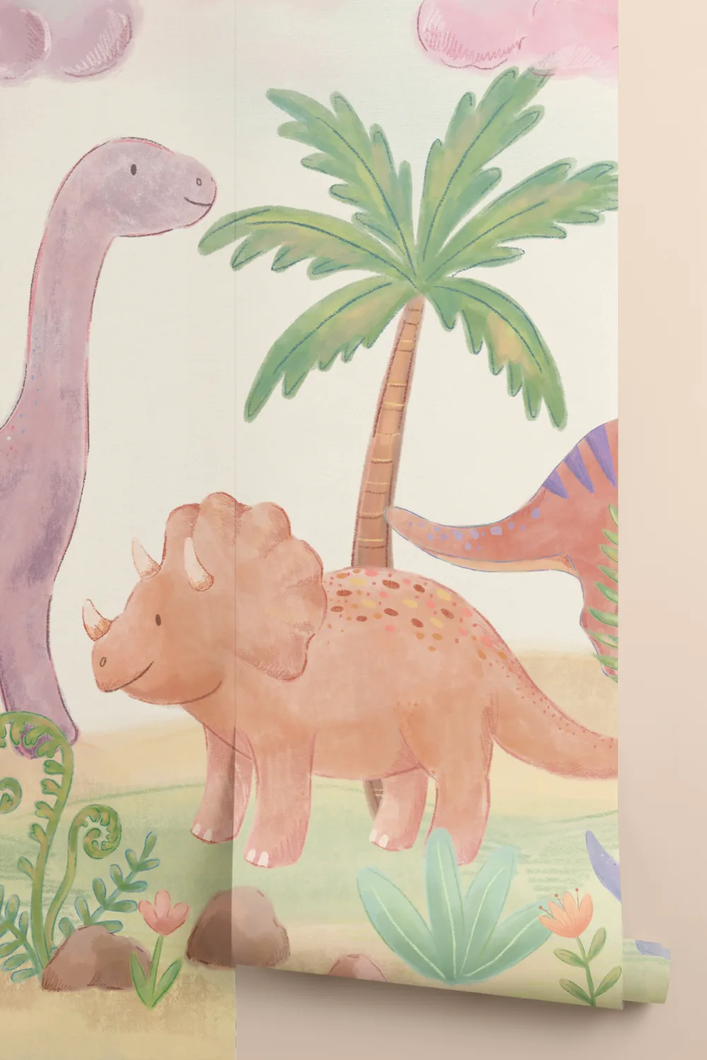 Pastelkleurige dinosaurusmuurschildering voor kinderen voor een vrolijk avontuur