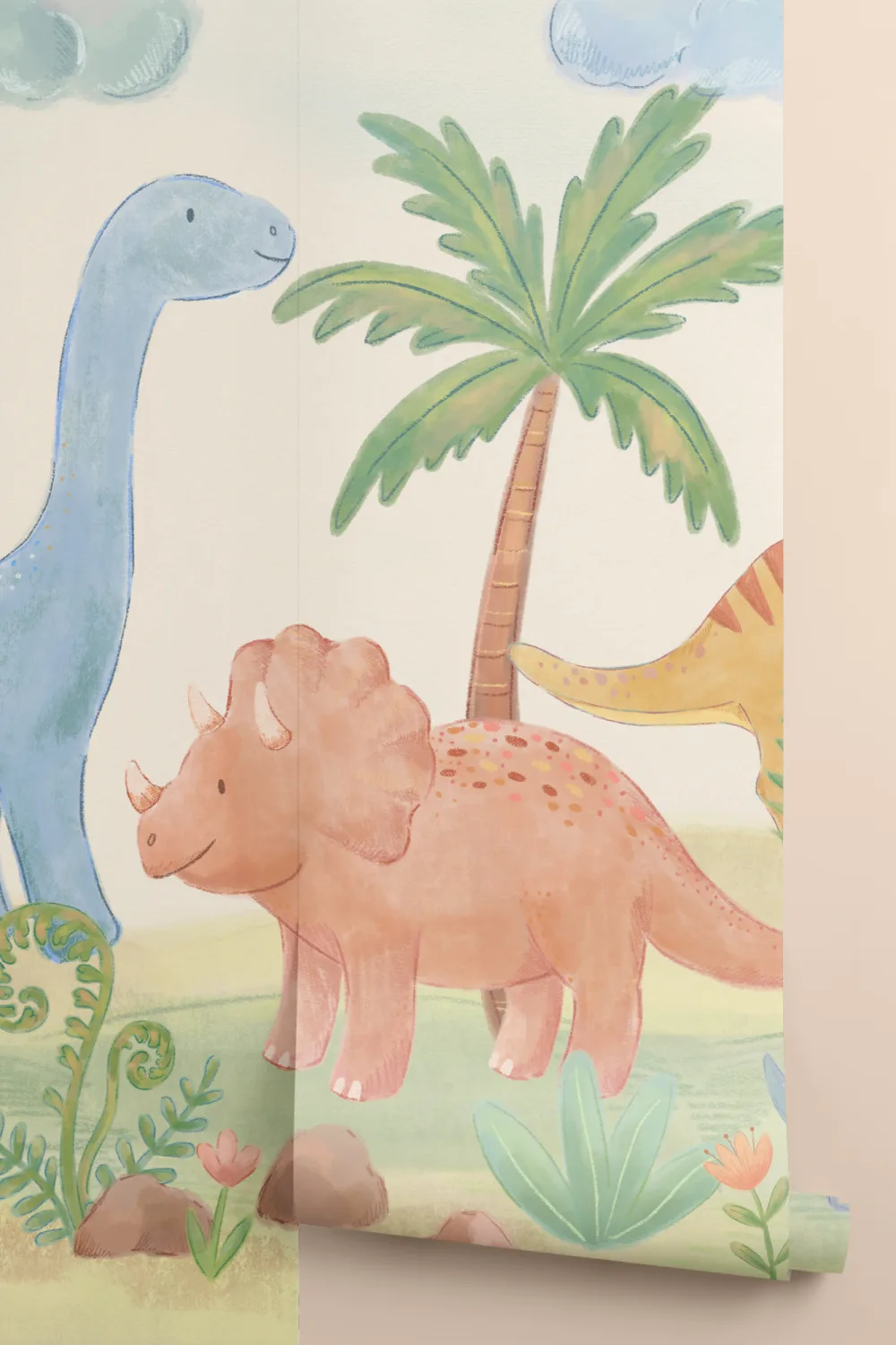 Veelkleurige Dinosaur Paradise kindermuurschildering voor speelse ruimtes