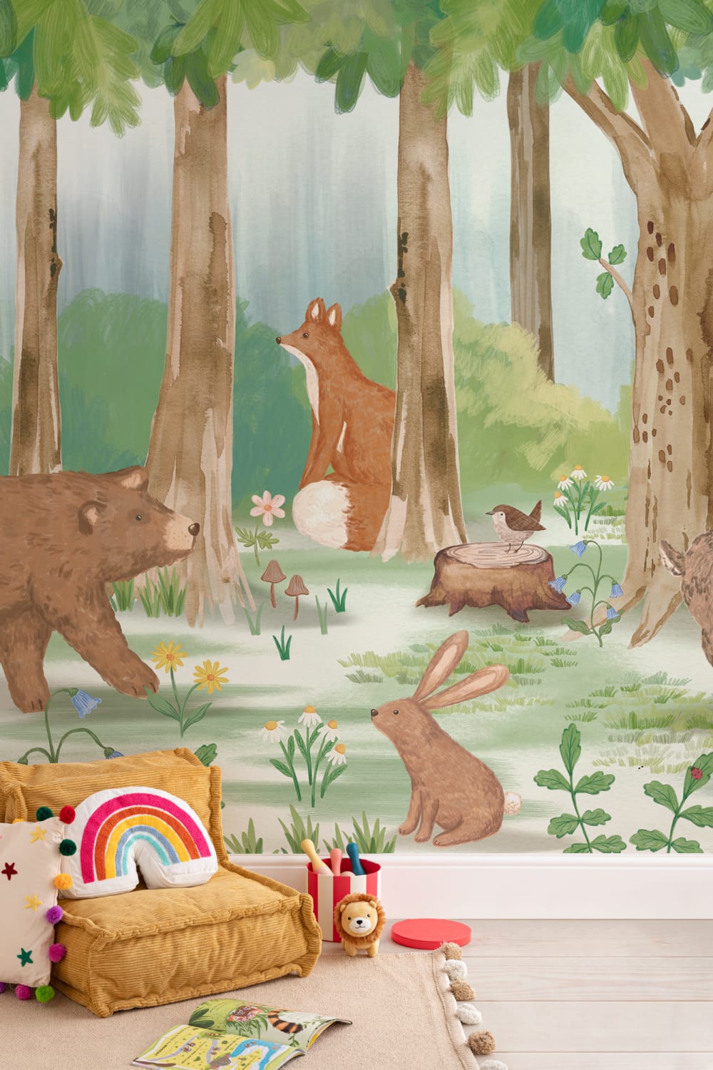 Carta da parati con scene di animali del bosco per bambini