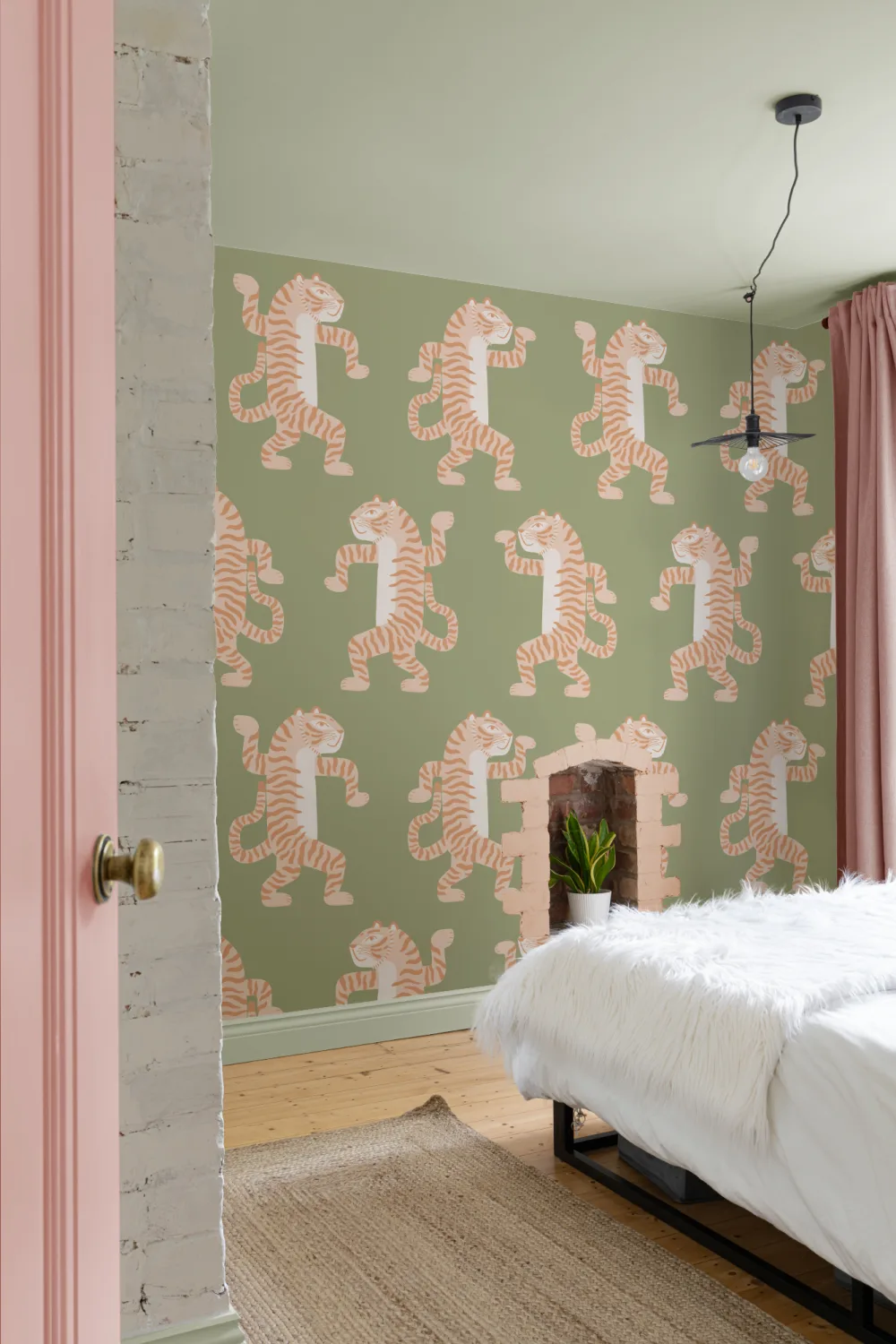 Roze & Groene Dansende Tijger Muurschildering