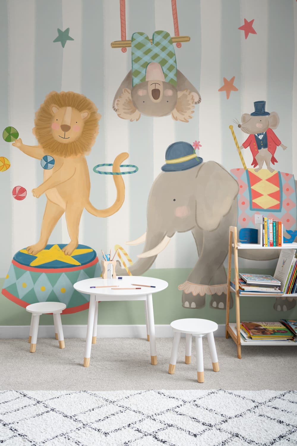 Kids Blue Stripe Animal Circus Show Mural
