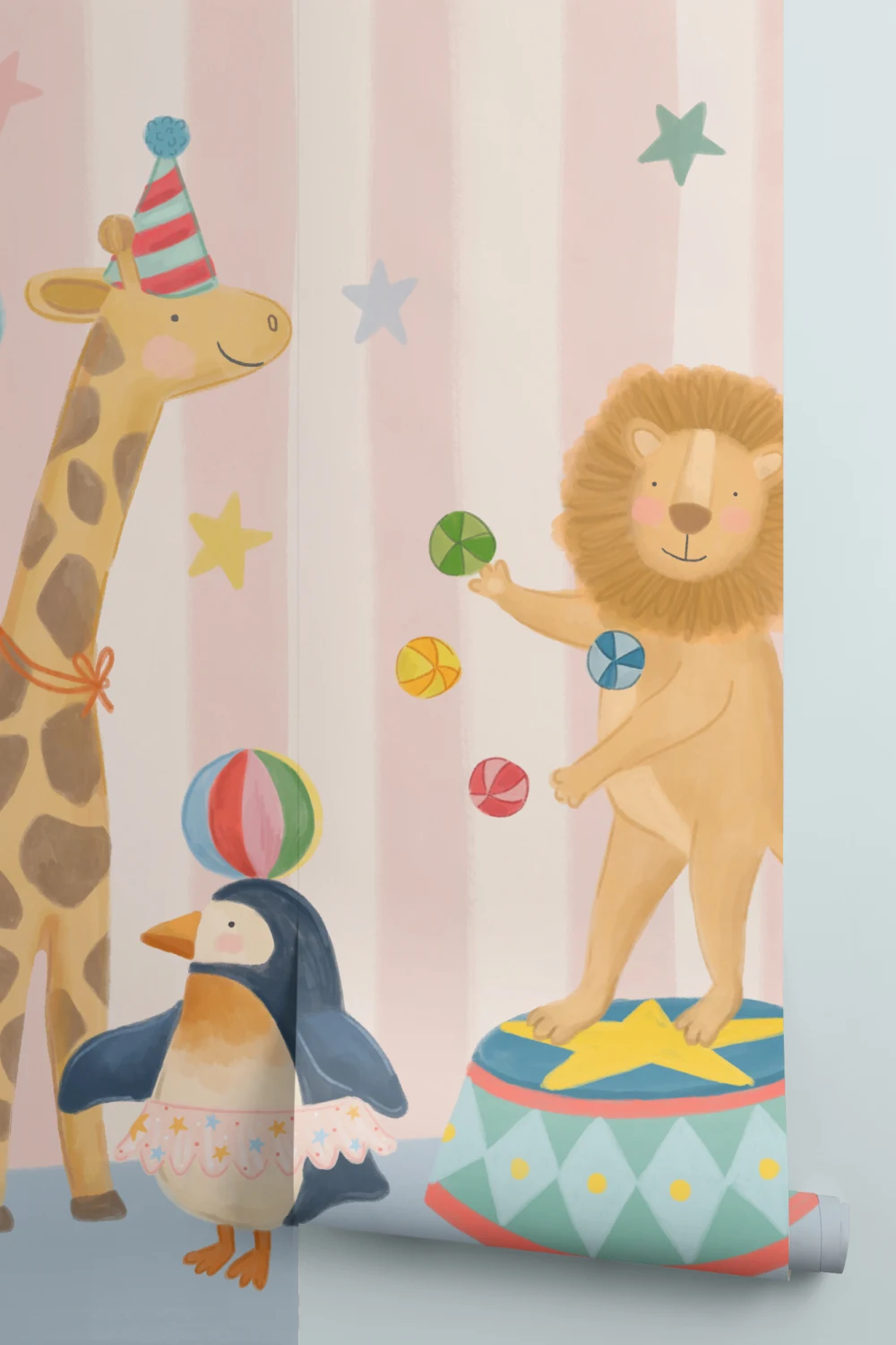 Kids Roze Streep Dieren Circus Show Muurschildering