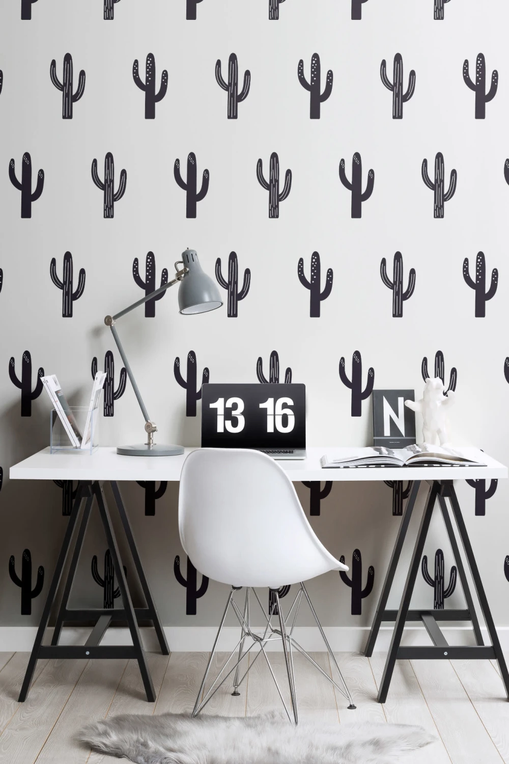 Saguaro Cactus Black & White Repeat Pattern Wallpaper