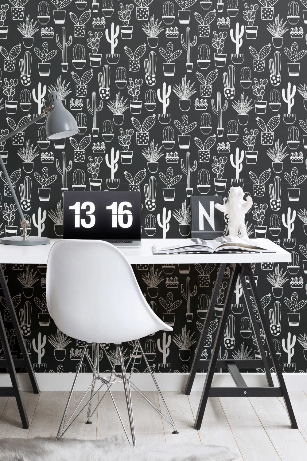 Naïve Cactus Black & White Repeat Pattern Wallpaper