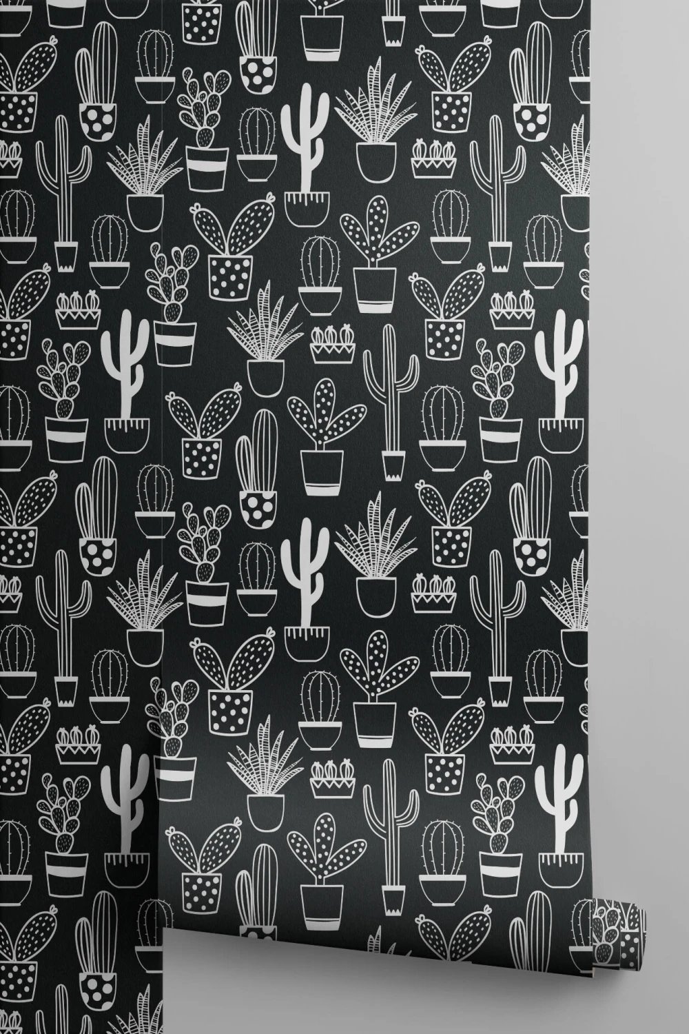 Naïve Cactus Black & White Repeat Pattern Wallpaper