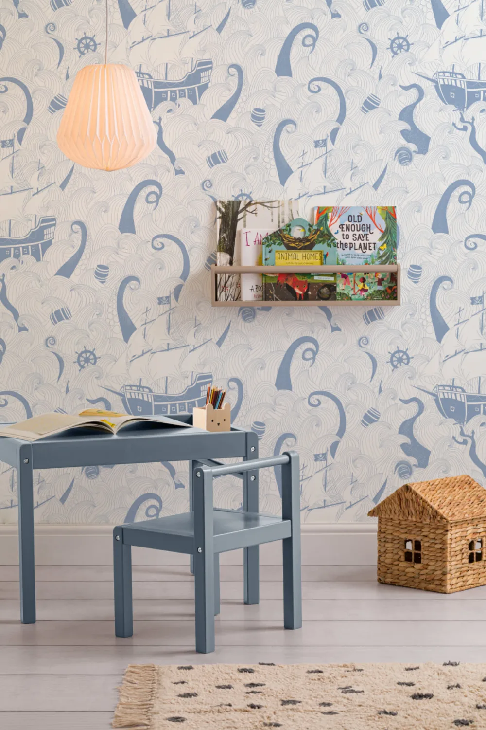 Mural Papel Pintado Infantil Blanco y Azul con Motivos de Barco Pirata