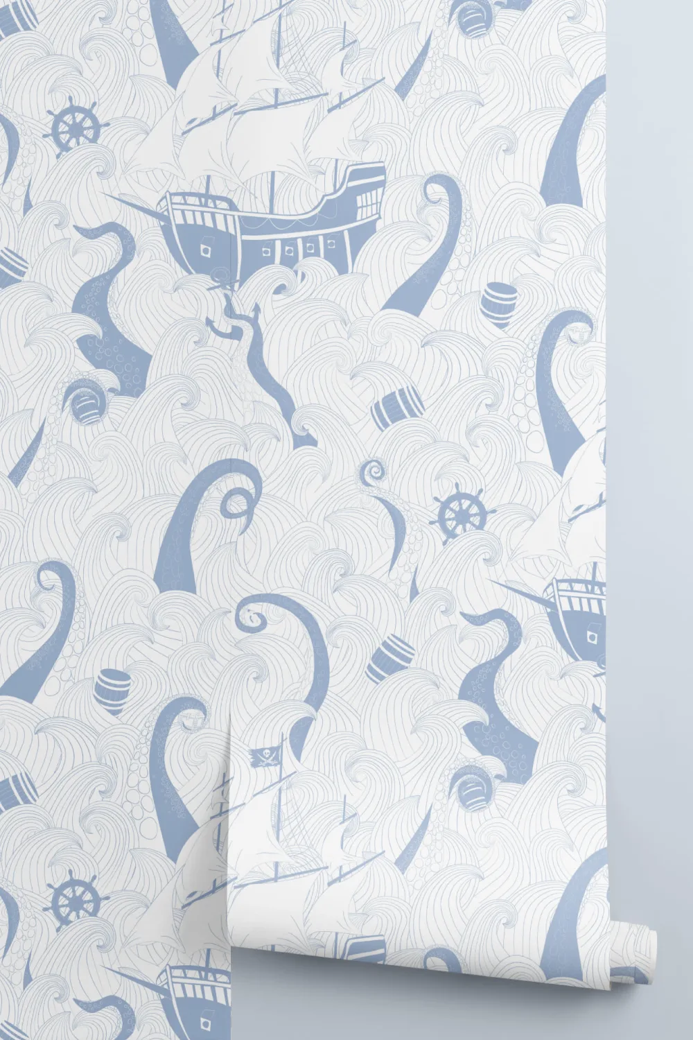 Mural Papel Pintado Infantil Blanco y Azul con Motivos de Barco Pirata