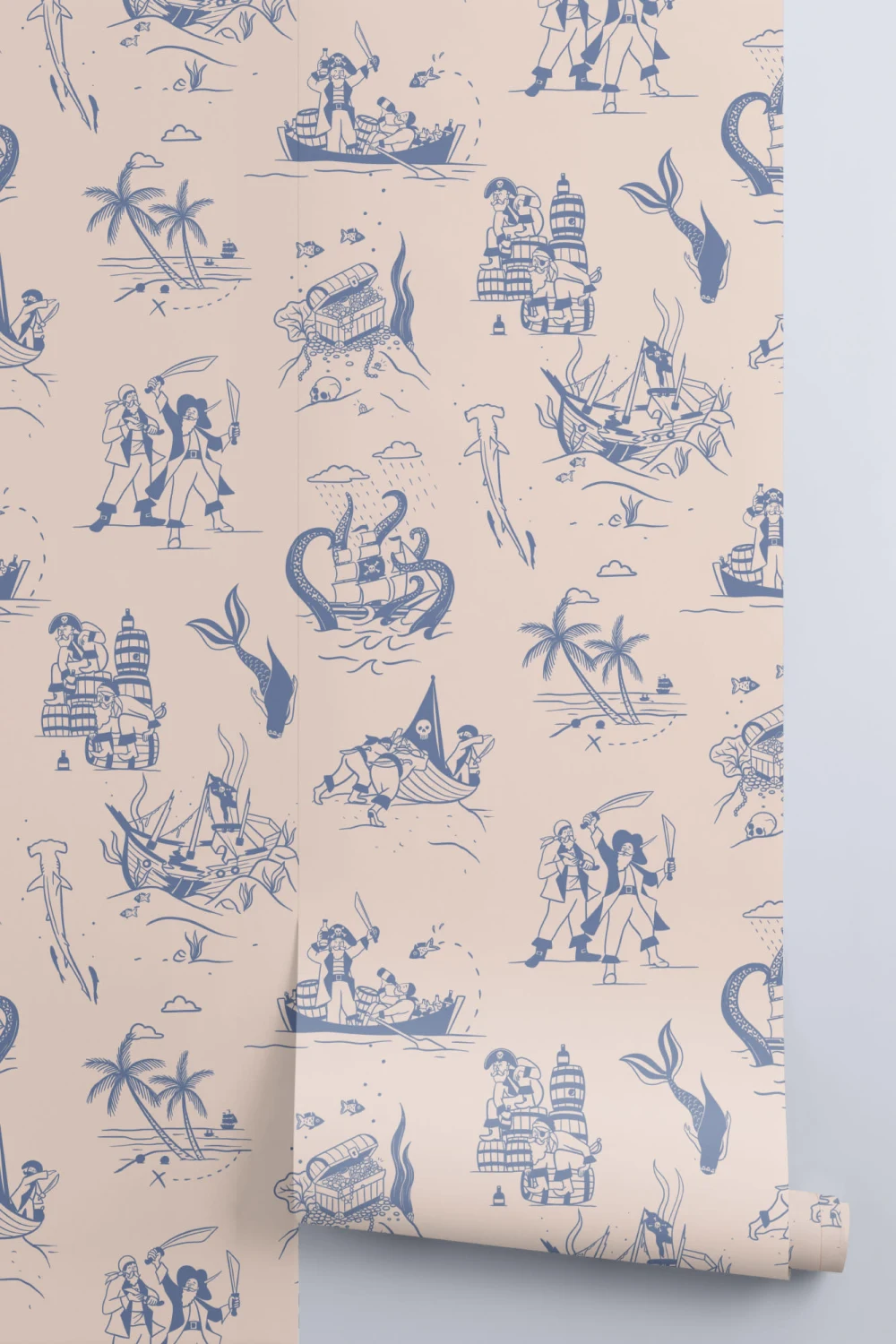 Mural Papel Pintado Azul y Crema Ilustrado con Motivos de Escenas Piratas