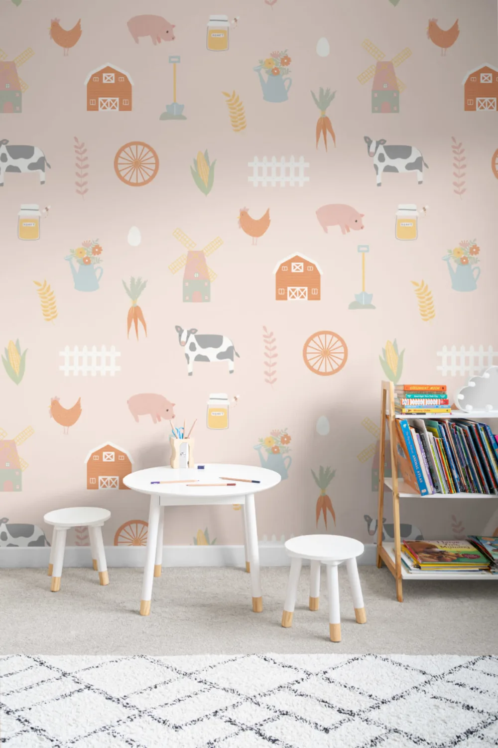 Mural Papel Pintado Colorido para Niños con Motivo de Ilustraciones de Casa de Campo