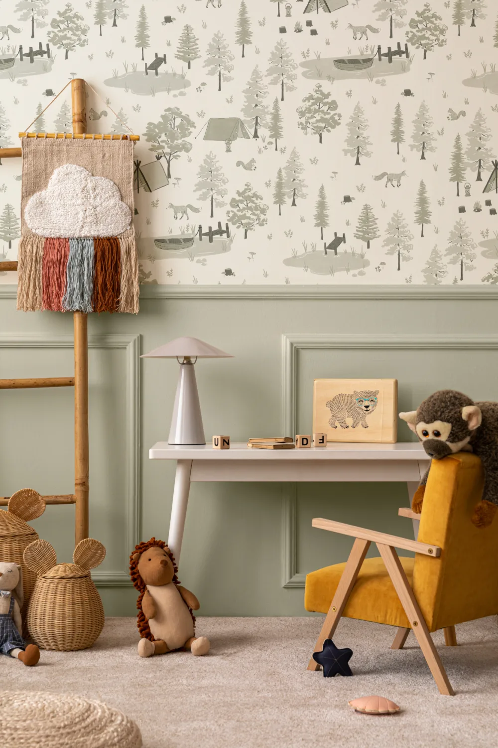 Green Woodland Camping Repeat Pattern Wallpaper