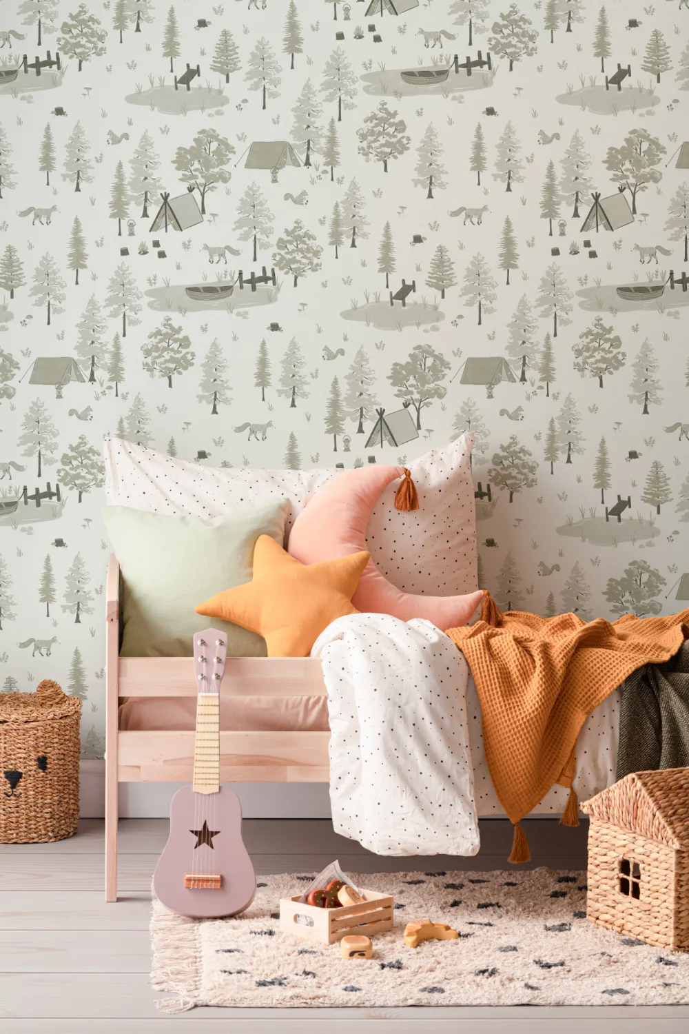 Green Woodland Camping Repeat Pattern Wallpaper