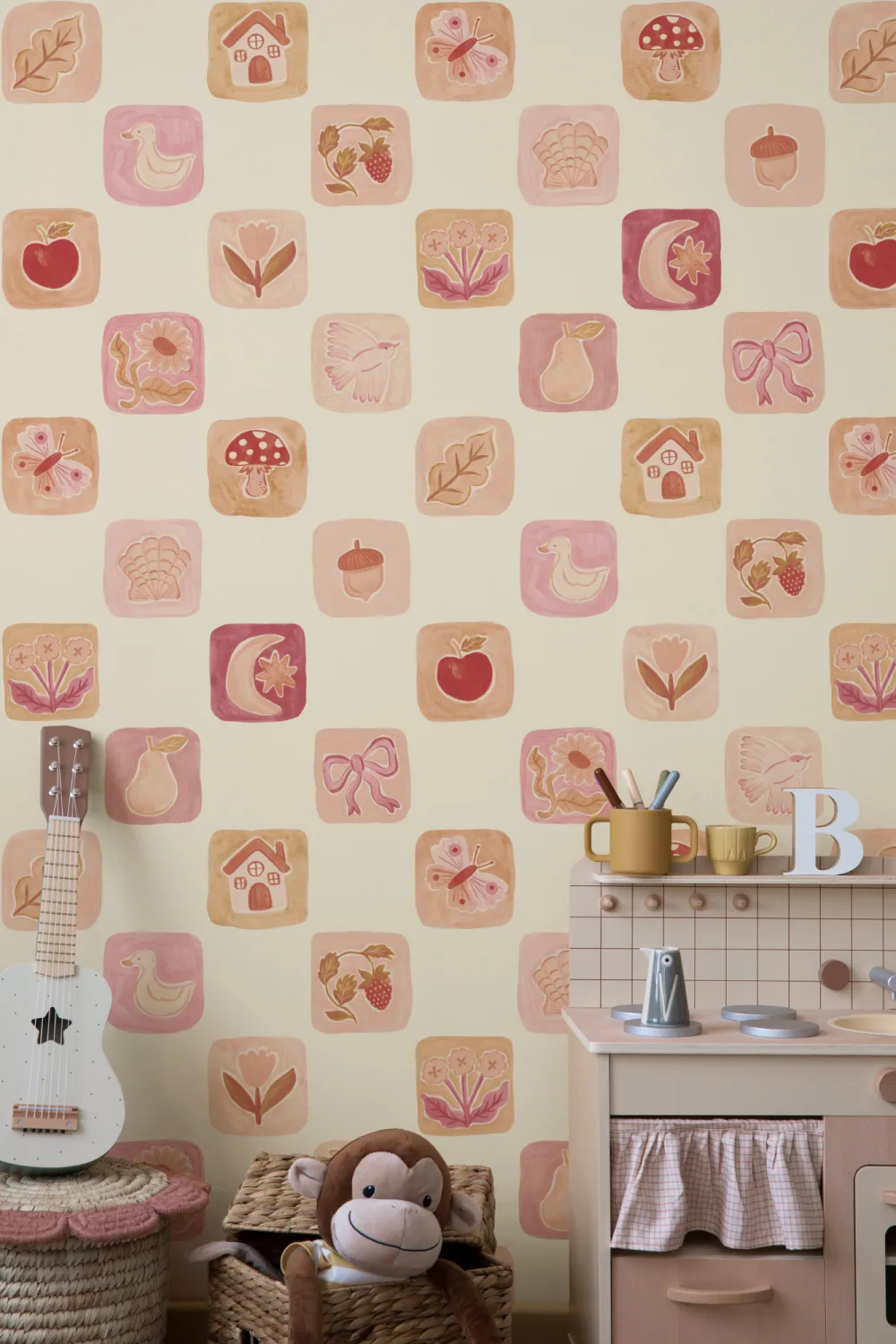 Pink Vintage Patchwork Kids' Pattern Mural