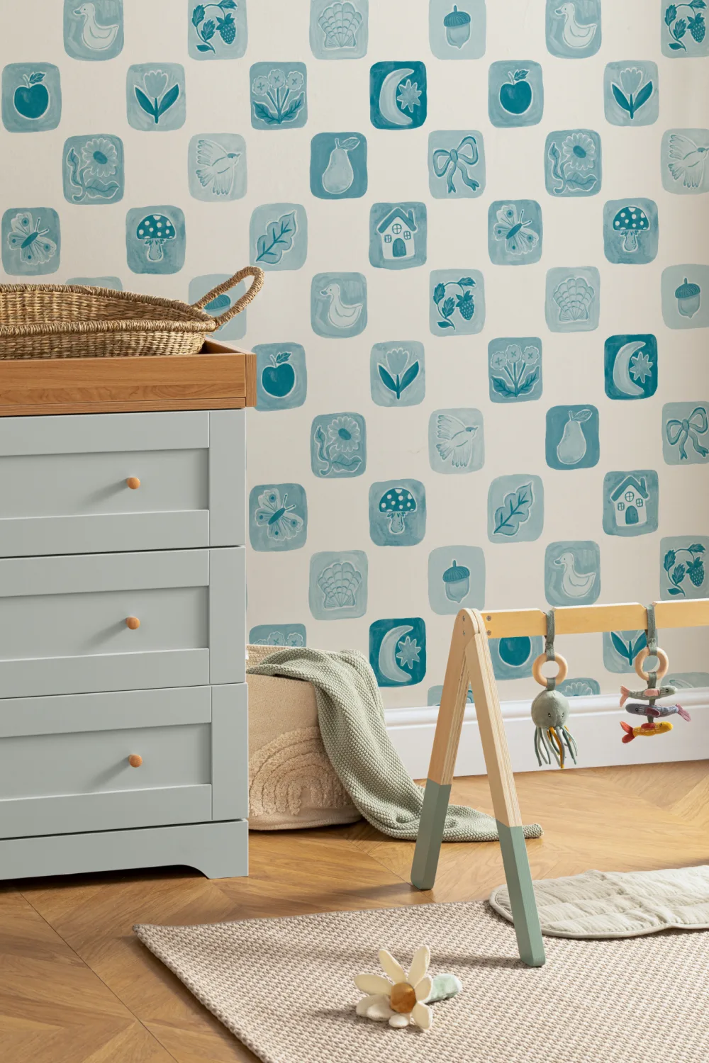 Papier peint panoramique à carreaux bleu pour enfants