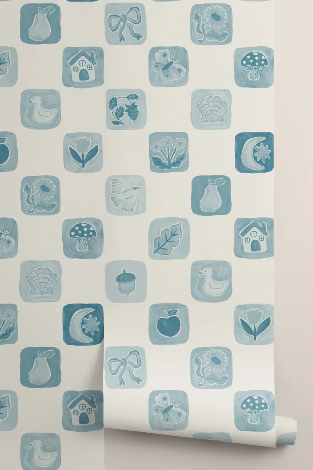 Papier peint panoramique à carreaux bleu pour enfants