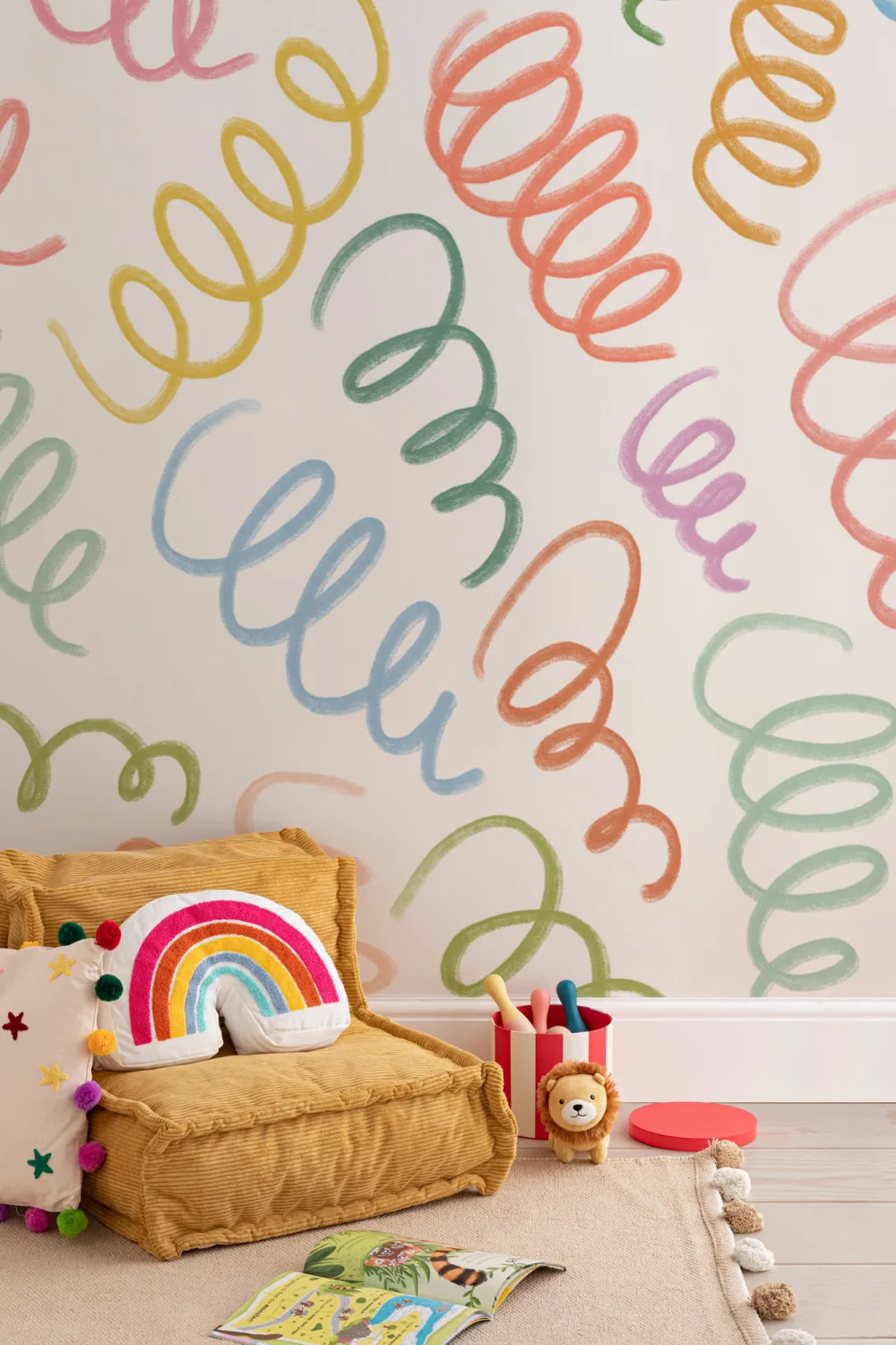 Multicolor Spring  Style Squiggles White Wall Mural