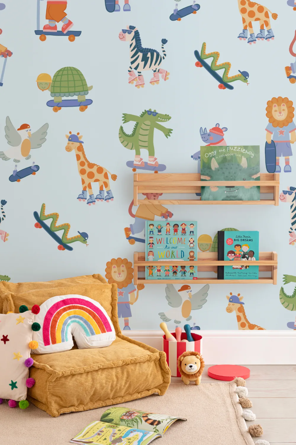 Mural de aventuras de animais de skate multicolorido para crianças