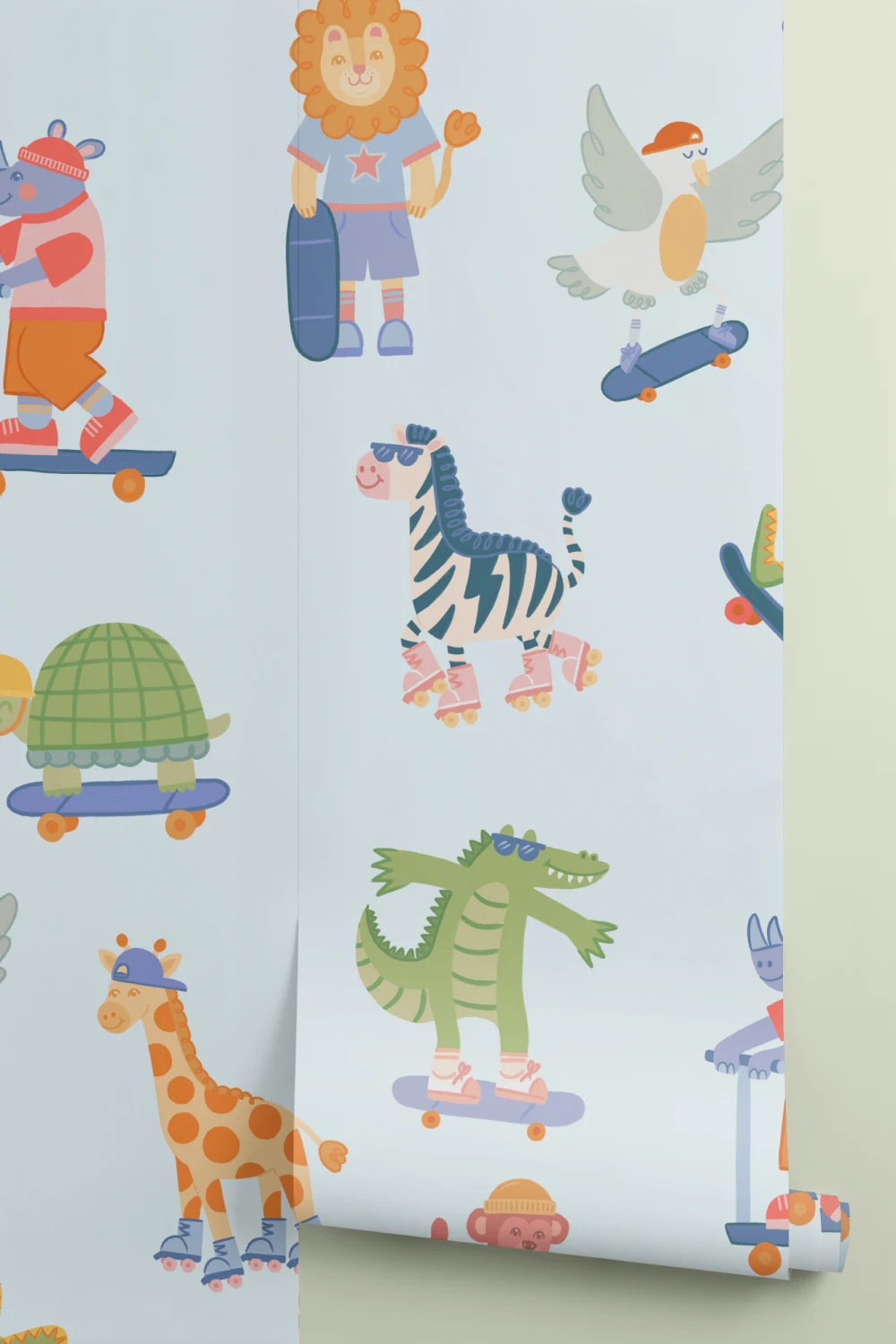 Mural de aventuras de animais de skate multicolorido para crianças