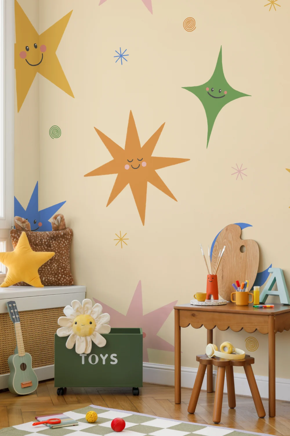 Carta da parati cielo celestiale multicolore con faccine sorridenti per bambini