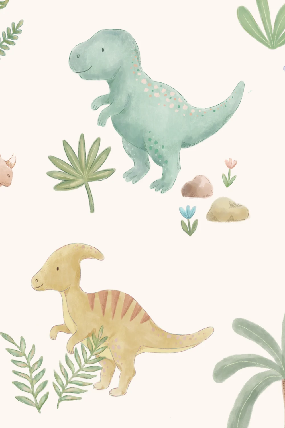 Kinder meerkleurige dinosaurus avontuur muurschildering voor speelse ruimtes