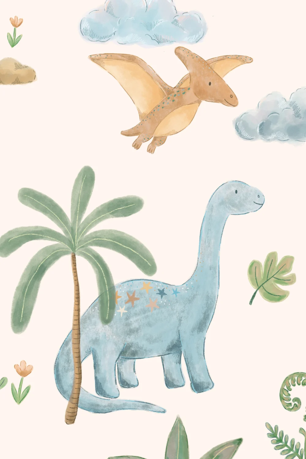 Kinderachtige veelkleurige dinosaurusavontuur muurschildering
