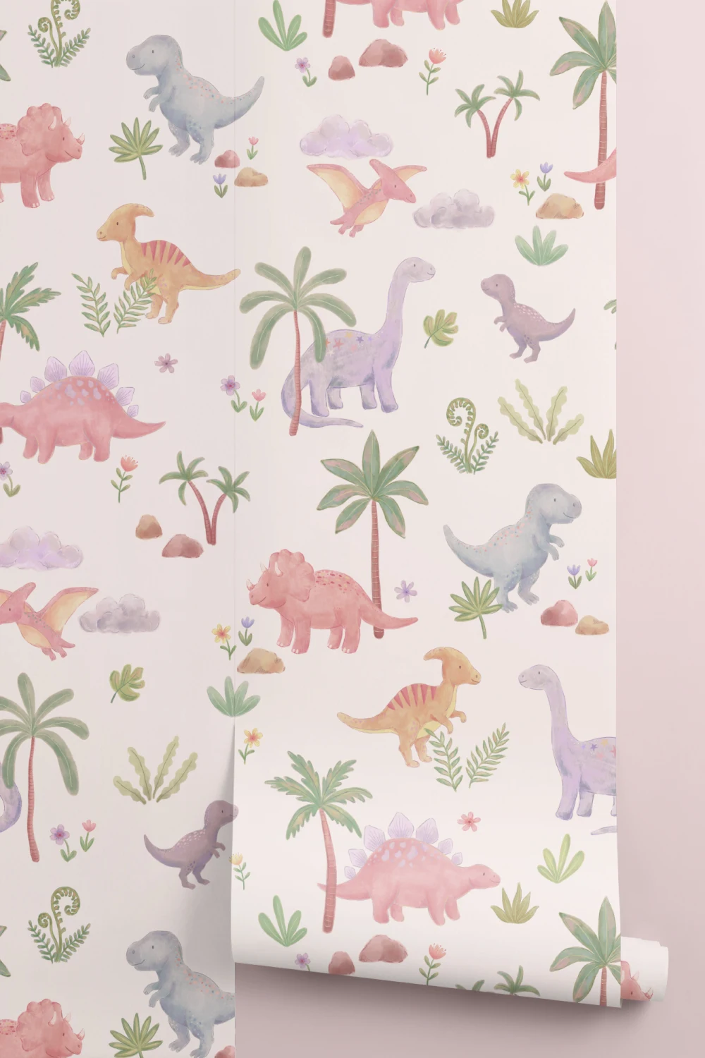 Kids' Pastel Dinosaur Adventure Multicolor Pattern Mural