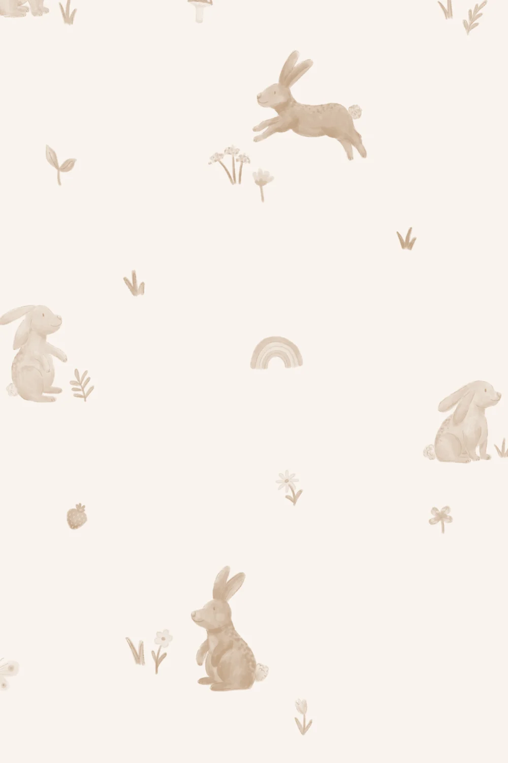 Papel de parede com padrão de animais coelhinhos em tons neutros para quarto infantil