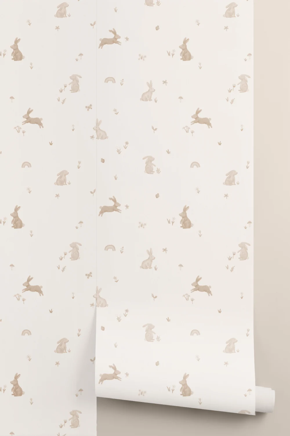 Papel de parede com padrão de animais coelhinhos em tons neutros para quarto infantil