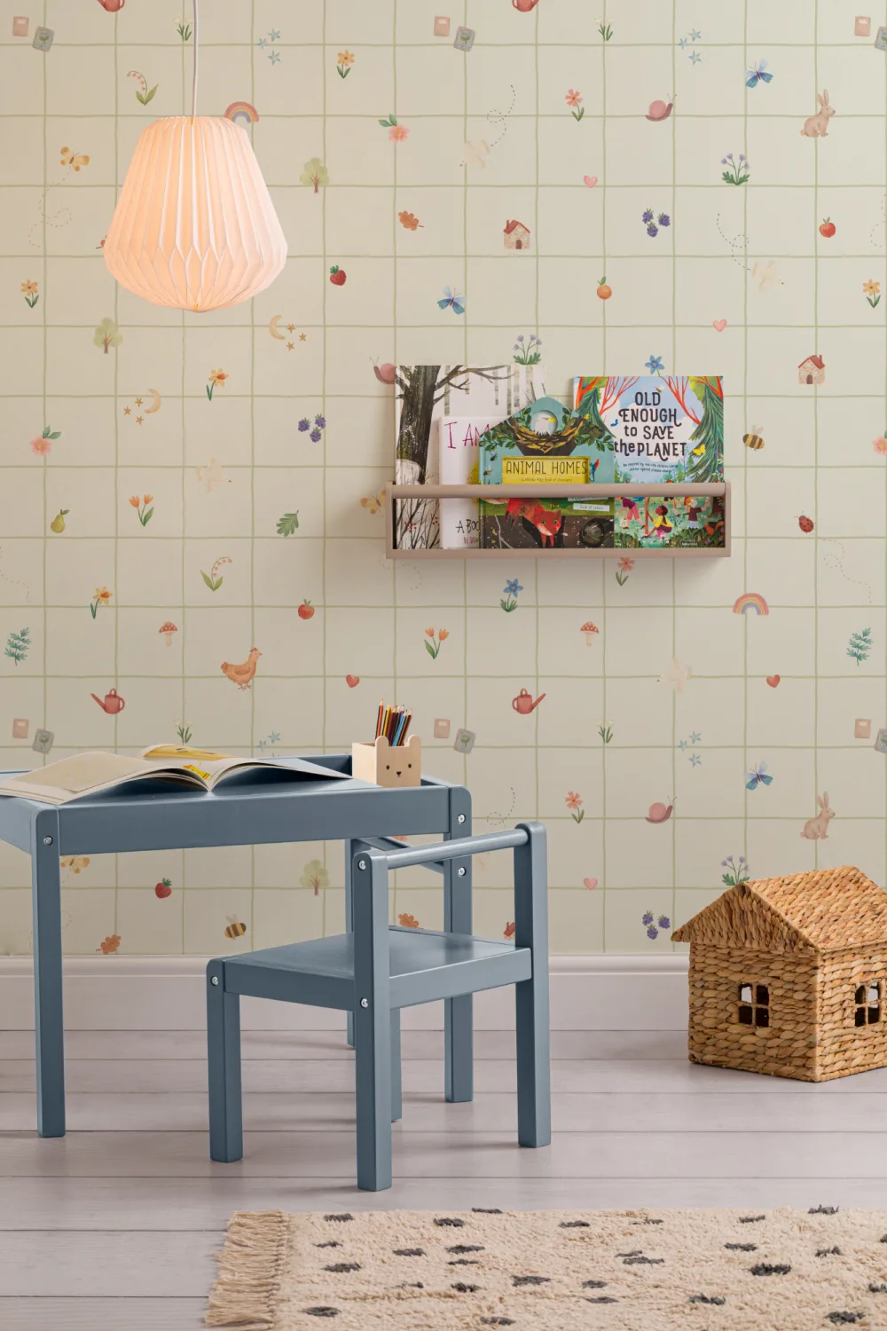 Kinderkamer muurschildering met veelkleurige botanische natuur