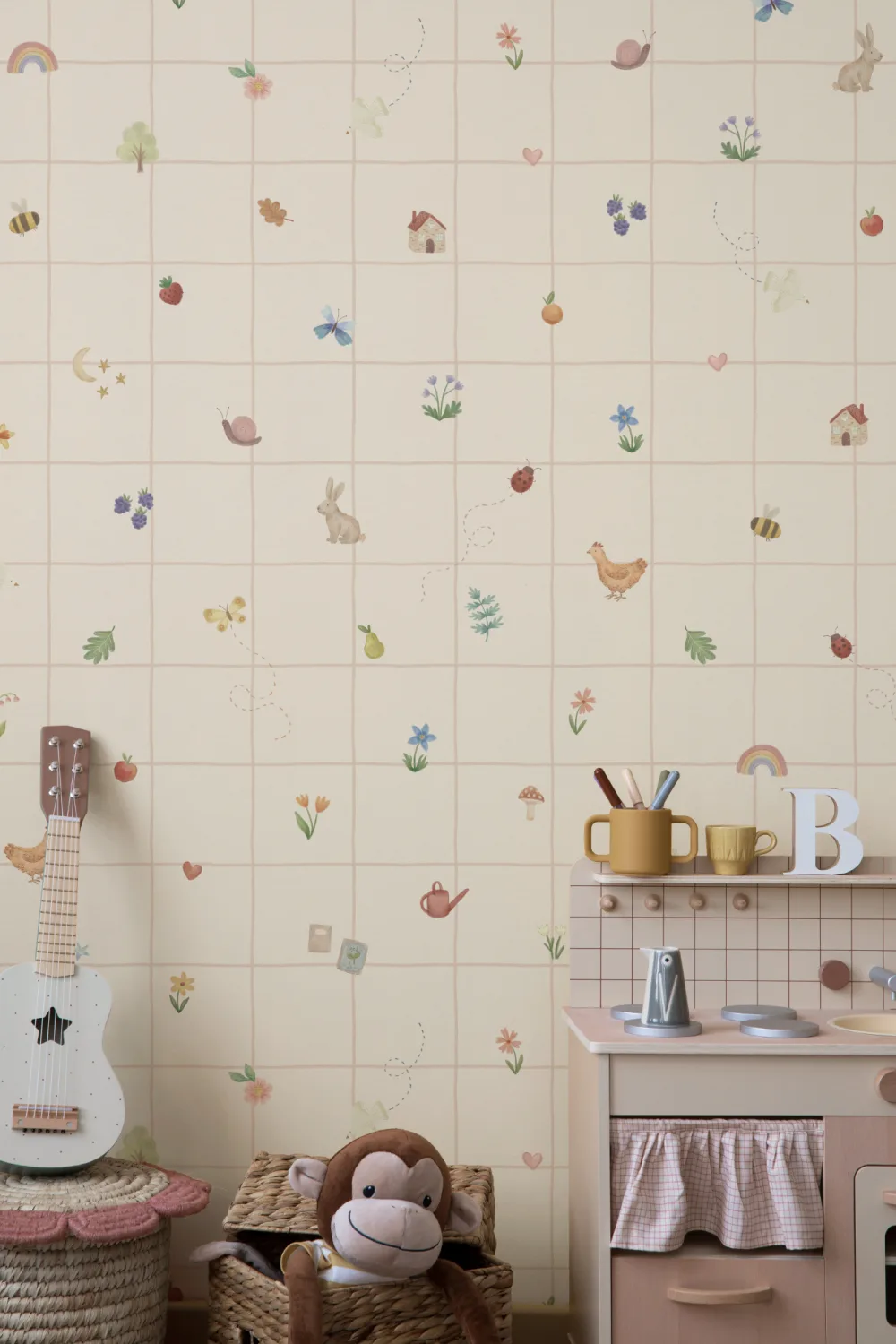 Kids Pink Multicolour Scrapbook Pattern Mural