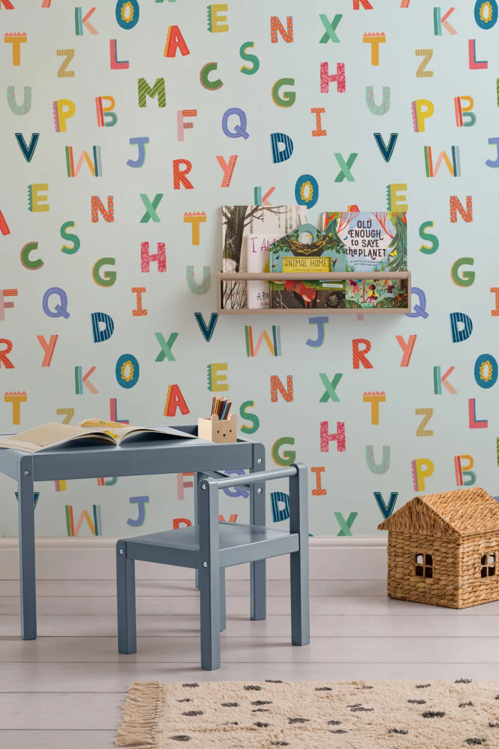Blue Colorful Kids Alphabet Wallpaper